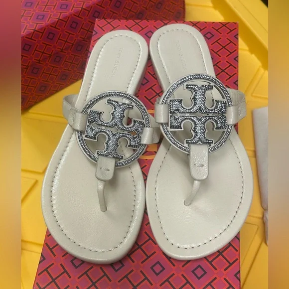 Tory Burch New Cream Pave Crystal Leather Miller Size 9 - Picture 8 of 10